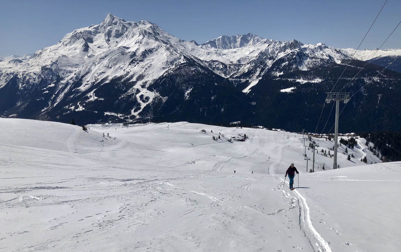 Cate climbs the piste at La Rosiere