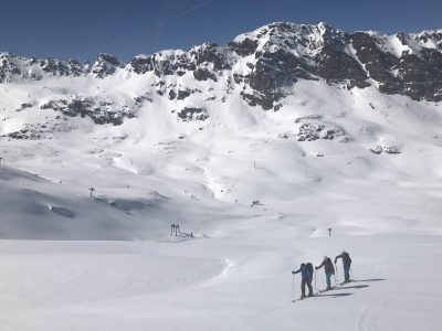 Skinning up the near deserted resort