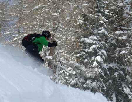 Martin skiing through the trees