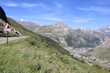 Halfway up, and Val d'Isère can be seen in the valley below